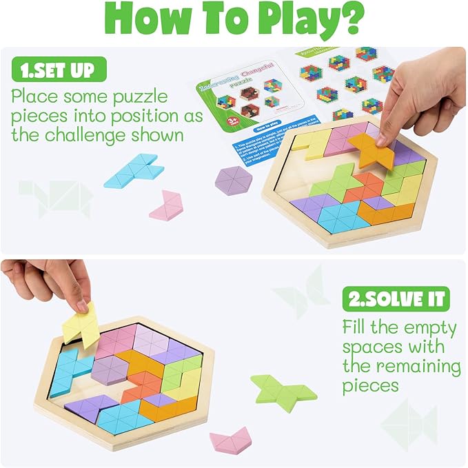 Yunsailing 3 Pack Hexagon Tangram Puzzle Wooden Brain Puzzles with Storage Bag Challenge Wood Russian Blocks Brain Teasers Geometric Jigsaw Block Logic Iq Stem for Family Party Gift