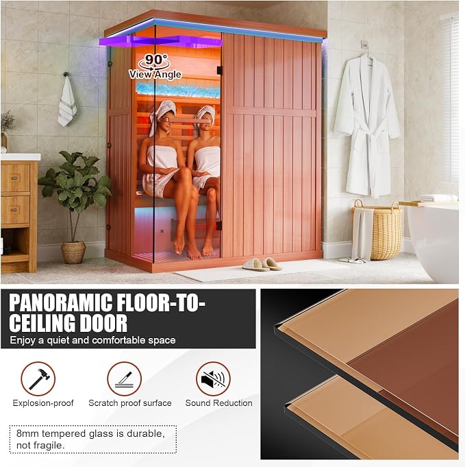 MEISSALIVVE Full Spectrum Sauna for Home, 3 Person Indoor Infrared Sauna with 10 Minutes Warm-up Heat, Red Cedar Home Sauna with Bluetooth and Tempered Glass