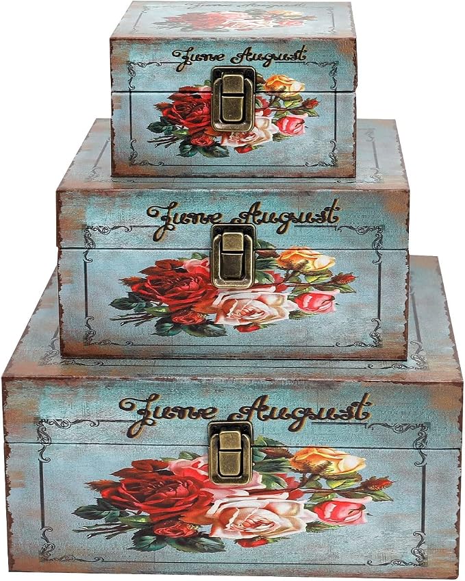 Jolitac Wood Storage Box Set of 3, Vintage Decorative Nesting Boxes Wooden Treasure Storage Crates With Latch, Home Decor Rustic Antique Boxes With Lid for Photos, Jewelry, Cash (Bloom)