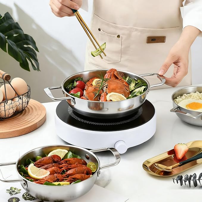 Korean Ramen Pot, Stainless Steel Stockpot, 1.43QT Korean Ramen Noodle Pot | Stainless Steel Stockpot with Handles, Dual Loop Handle Frying Pans for Delicious Soups Stews (Silver)