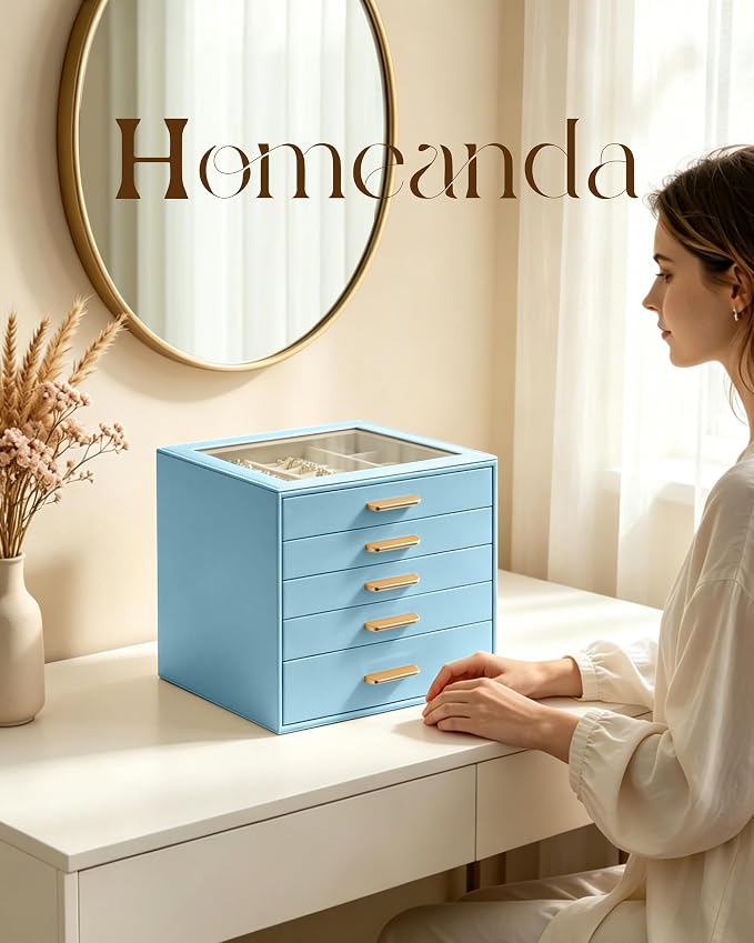 Homeanda Jewelry Boxes Organizer with Glass Lid, 5-Layer PU Leather, Blue | Modern style display case with 5 drawers for daily jewelry, women, mom or girl gift