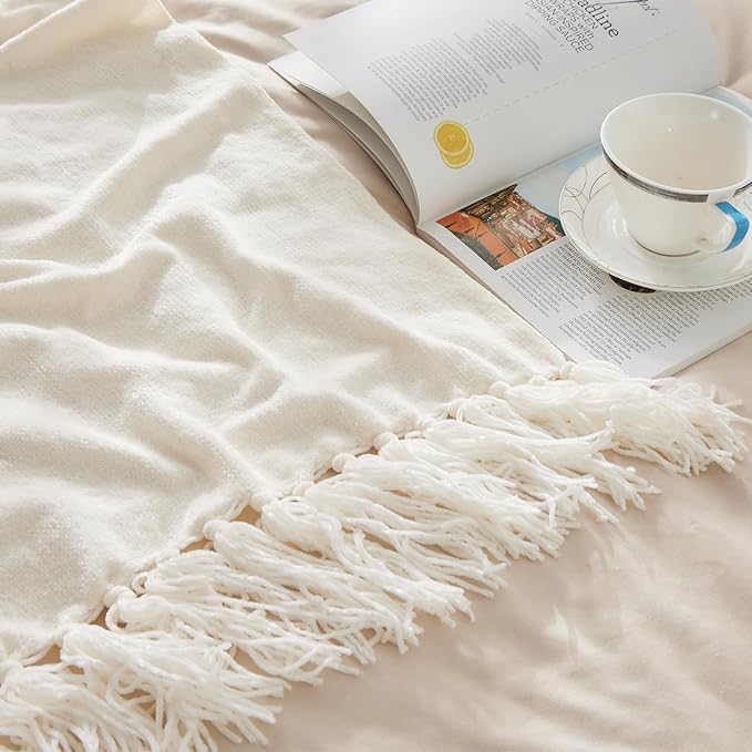 CozeCube Chenille Throw Blanket, Cream White Fringe Blanket, 50"X60" | For Couch, Cozy Plush Fuzzy Decorative Blanket with Fringe Tassels, Lightweight Throws for Bed Sofa Gift Home Decor