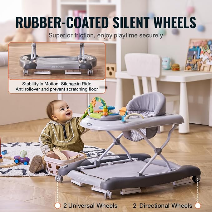 VEVOR 4-in-1 Baby Walker, Foldable Baby Activity Center with Wheels, 3 Adjustable Height, Music & Toys Tray, Learning-Seated | Walk-Behind | Rocker | Bouncer Toddler Walker for Boys Girls 6-24 Months