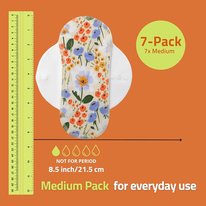 Organic Cotton Reusable Panty Liners for Women & Teens (Medium 7-Pack) – 100% Breathable & High-Temp Washable Cloth Panty Liners for Vaginal Discharge only – Gentle on Skin, Stay Fresh & Dry Daily
