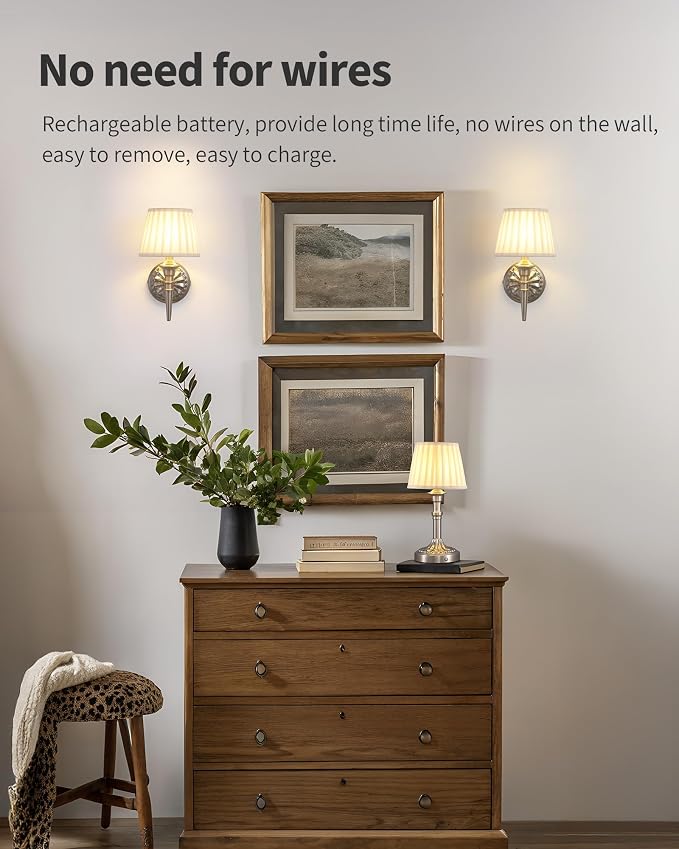 KDG Cordless Nickel Wall Sconces Set of 2, Beige Fabric Lampshde Wall Lamps | Small LED Wireless Portable Rechargeable Battery Lighting for Wall Painting, Living Room, Bedroom, Hallway, Gifts, Nightlight