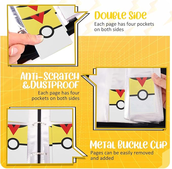Card Binder 4 Pocket, Trading Card Holder Fits 400 Cards With 50 Removable Sleeves, Portable Collection Card Ablum, Game Card Case book With Zipper for Gift Yellow