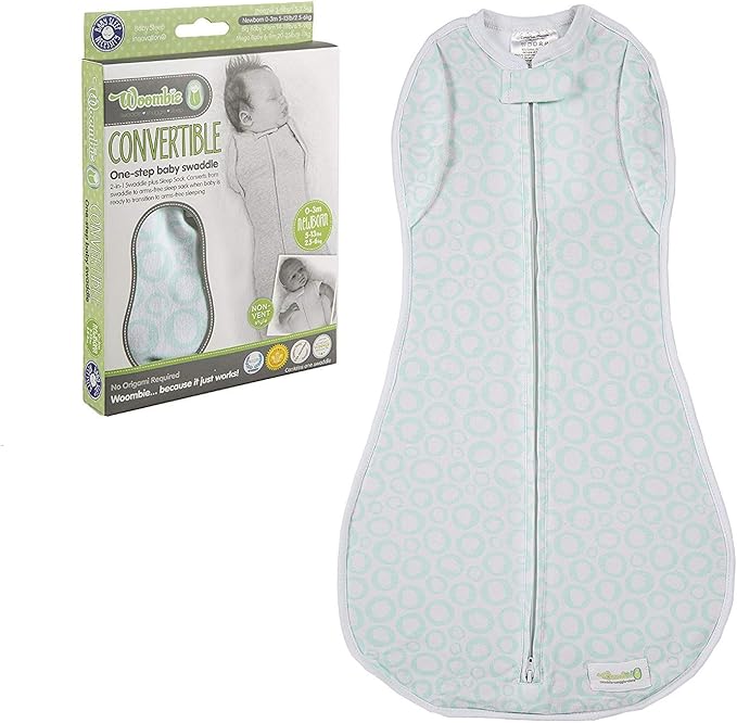 Woombie Convertible Unvented Nursery Swaddling Blankets, Mint O's, 5-13 Pounds