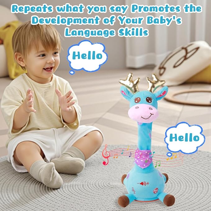 MIAODAM Dancing Talking Giraffe Stuffed Animal, Singing 10 Children's Song, Baby Toy Repeats What You Say, Christmas Colorful Glowing Giraffe Plush Interactive Toys for Toddlers 1-3 Year(Blue