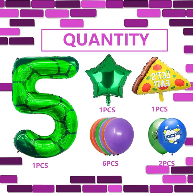 11Pcs Cartoon Turtle Theme Birthday Decorations 40 Inch Number 5 Foil Balloons Super Green Turtle Themed Hero Large Mylar 5th Number Balloon Video Game Pizza Balloons Party Favors Red