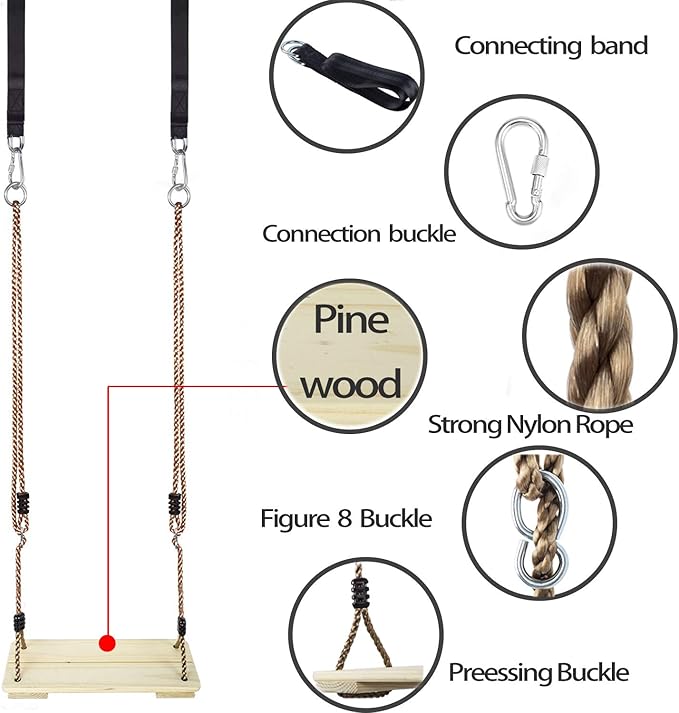 KINSPORY Wooden Swing Seat, Outdoor Swing Set Accessories for Backyard, Height Adjustable Rope with Hanging Tree Straps Kit for Porch Patio Garden Playgroud (Light Yellow)
