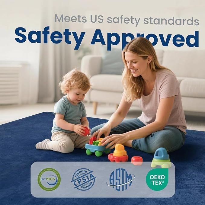 Huloo Sleep Baby Play Mat for Floor,50"×65" Playpen Mat for Toddler,Infant,Kids,1.3" Thick Elasti Foam Non-Slip Nursery Rug,Water Repellent Soft Padded Floor Mats for Tummy Time,Crawling(Dark Blue)