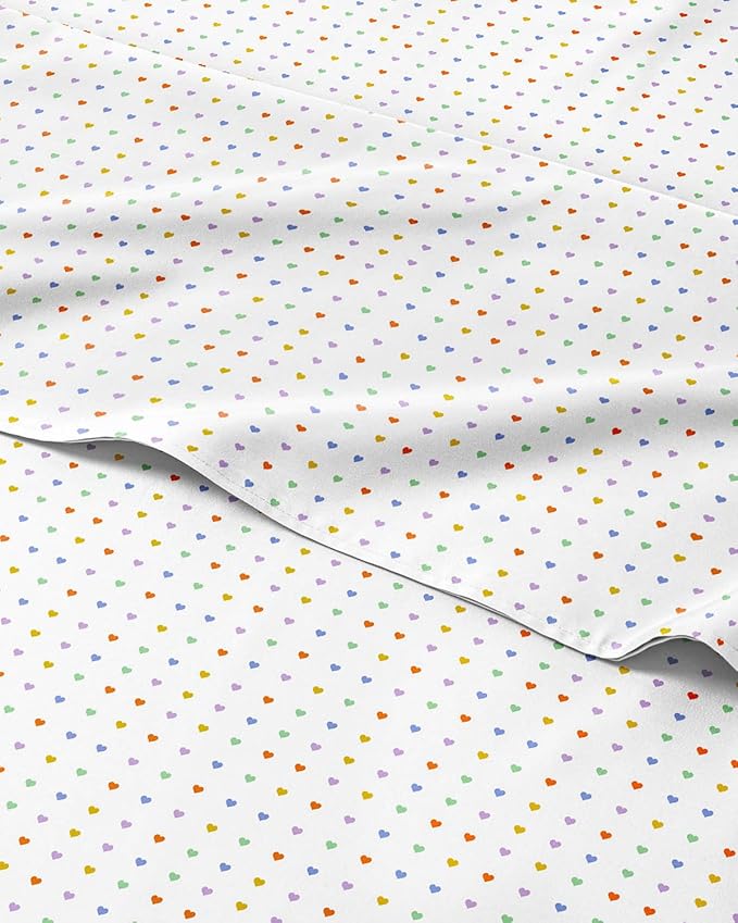 Kids Queen Size Bed Sheet Set - 4 Piece Kids Loft Bed Sheets - Soft, Cute and Cozy - Comfy, Breathable and Machine Washable - Easy-Care & Wrinkle Free Hearts Bed Set for Boys, Girls, Teens & Toddlers