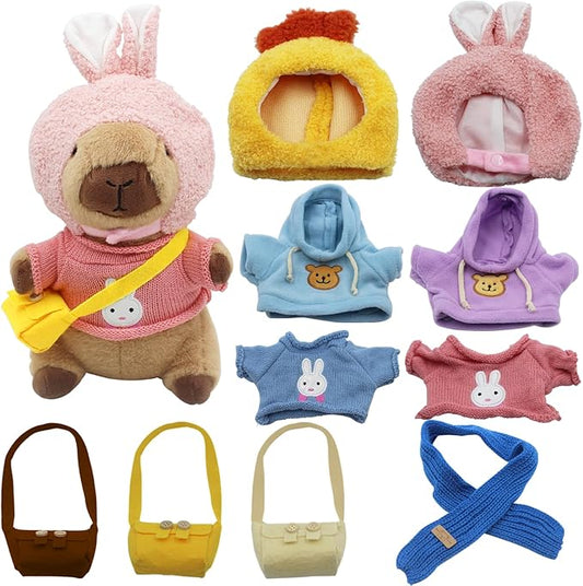 Capybara Plush with 10 pcs Clothes & Accessories, Dress Up Capybara Stuffed Animal Plush Toys with Outfits, Including 10 Sets of Clothing and Accessories, Suitable for Boys and Girls as Birthday Gifts