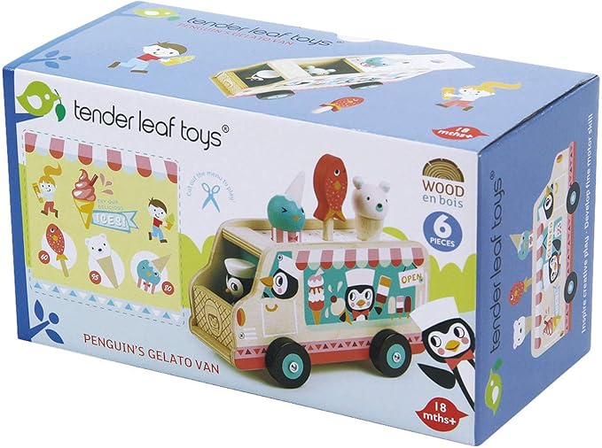 Tender Leaf Toys - Penguin’s Gelato Van - Food Truck Style Pretend Play, Ice Cream and Ice Lolly Wooden Vehicle - Encourage Role Play and Develops Social Skills for Children - Age 18m+