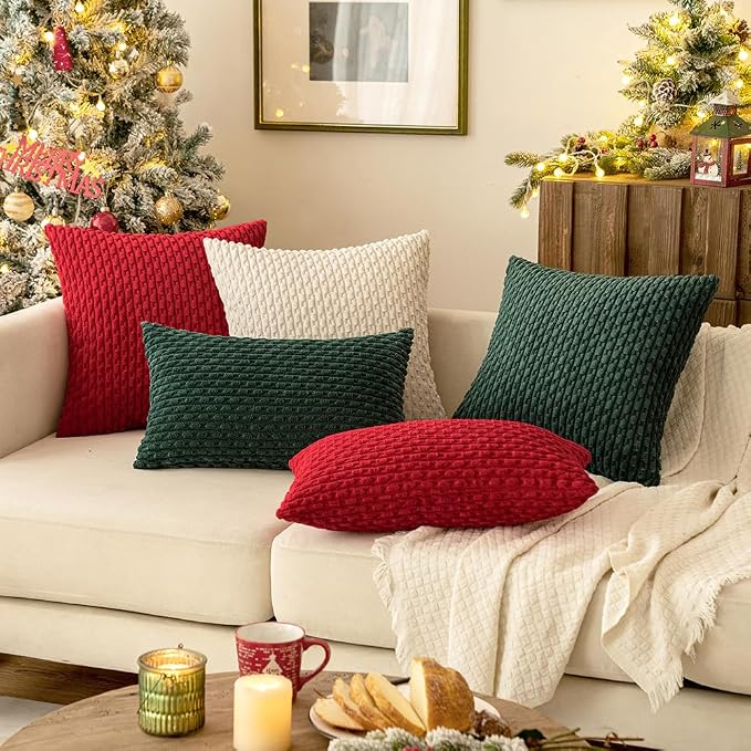 MIULEE Decorative Throw Pillow Covers 18x18 Red Textured Corduroy | Pack of 2 Striped Pillow Covers Modern Farmhouse Home Decor for Couch Bed Sofa Living Room