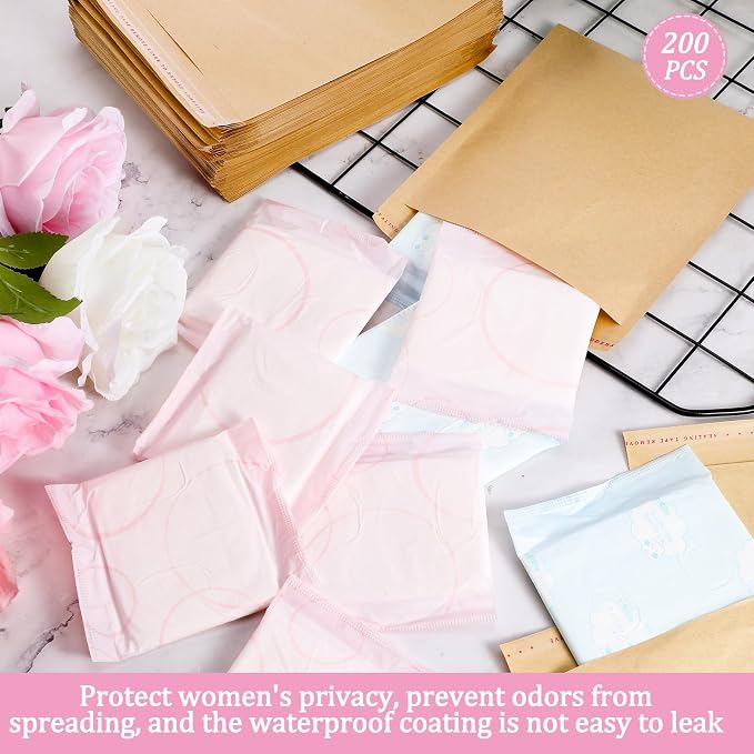 Dunzoom 200 Pcs Large Sanitary Napkin Disposal Bags Feminine Hygiene Disposal Bags 7.87 x 6.3 Inch Bulk Disposable Kraft Tampons Bags for Feminine Products with Self Adhesive for Women Girls