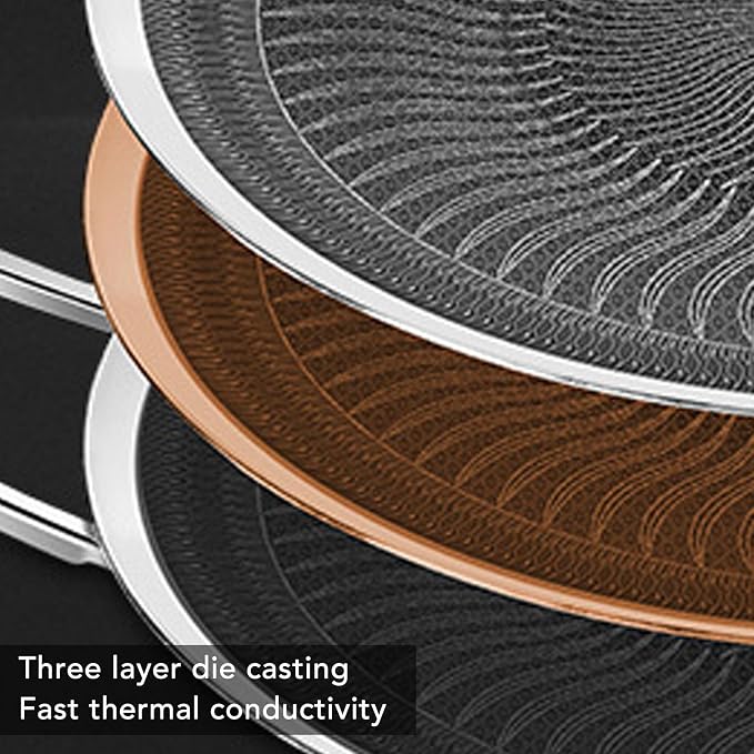 POCREATION Korean BBQ Grill Pan, Stainless Steel Nonstick Even Heating Cooking Pan for Indoor Outdoor Gatherings with Wood Handle Induction Gas Electric Compatible Round 38cm 1 Pack