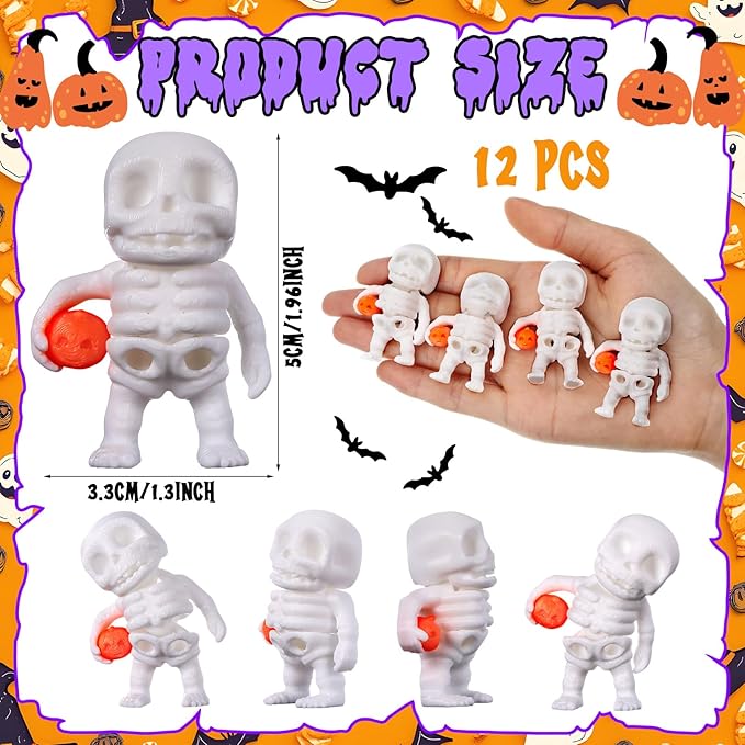 Honoson 12 Pcs 3D Printed Fidget Toy 3D Printed Small Pumpkin Skeleton Flexible Cute Articulating Pet Stress Relief Fidget Toys for Play and Display