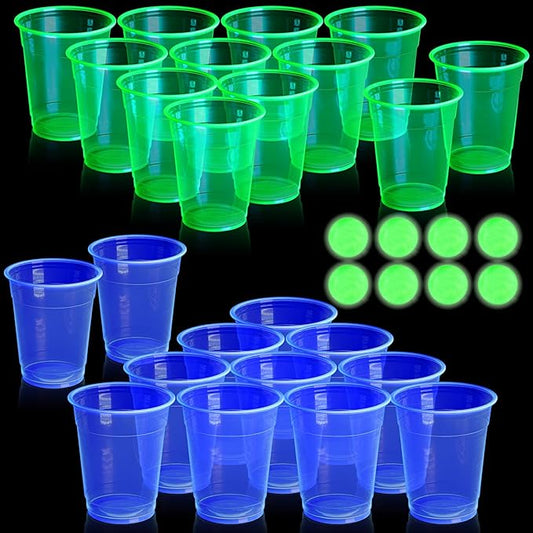 32 Pcs Glow in The Dark Party Table Tennis Game Set Include 24 Pcs Glowing Plastic Cups and 8 Balls for Indoor Outdoor Party Event Birthdays Weddings BBQ Parties