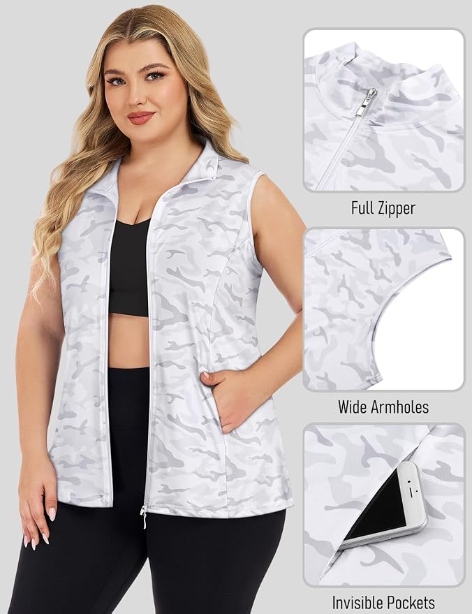 Misyula Style Plus Size Womens Golf Shirt Full-Zip with Pockets Tank Tops | Sleeveless, Quick Dry, Moisture-wicking, Lightweight Vests, Athletic, Tennis, Running, Workout, Casual, Travel, Work