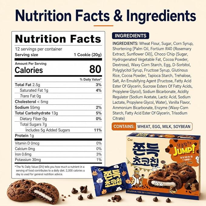 CW Korean Chocolate Chip Mochi Cookies with Chewy Center, 12 Count, 240 g | Soft baked dessert bite, coffee tea milk pairing, lunchbox treat, office pantry, care package, shareable snack box