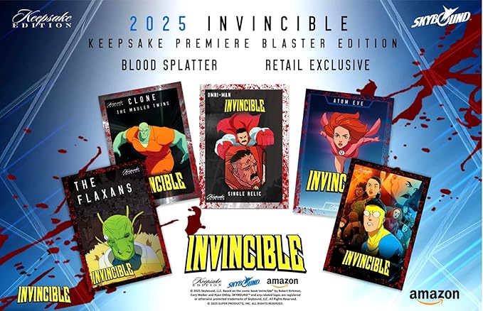 2025 Invincible Season 1 Keepsake Premiere Blaster: 8 Packs Per Box, One Guaranteed Relic, Chase Rare Autos and Patches