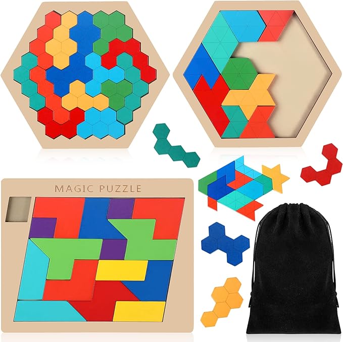 Yunsailing 3 Pack Hexagon Tangram Puzzle Wooden Brain Puzzles for Kid Adult Challenge Wood Russian Blocks Brain Teasers Toy Geometric Jigsaw Block Logic Iq Stem Toy for Family Party Gift(Fancy)