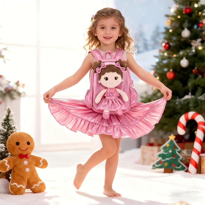 Lazada Toddler Backpack - Baby Girl Gifts Curly Fingerprints Plush Doll Dress Backpack - Fashion Girls Curly Rolled Fingerprints Series - Peach 11 Inches