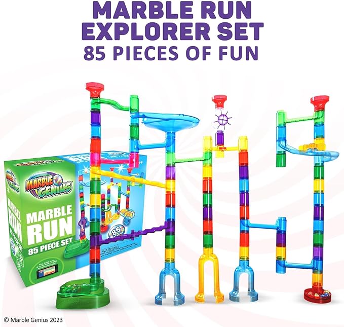 Marble Genius Marble Run - 85 Complete Pieces Maze Track Toys for Adults, Teens, Toddlers & Kids Aged 4-12 Years Old (67 Translucent Marbulous Pieces + 18 Glass-Marble Set), Explorer Set
