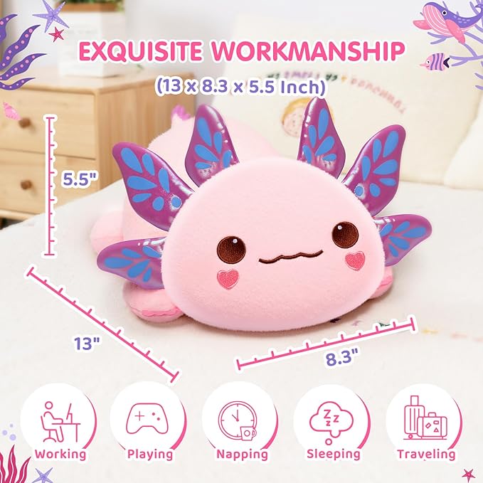 Cute Axolotl Plush Pillow, Kawaii Plushies Pink Axolotl Stuffed Animals, Squishy Plushies, Cuddle Plush Pillow for Kids & Girls (13 Inch)