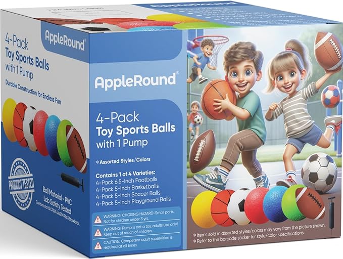 AppleRound 4-Pack of 5 Inch Small Playground Balls for Toddlers Kids with Air Pump - Kickball, Handball for Outdoor Kindergarten Preschool Games