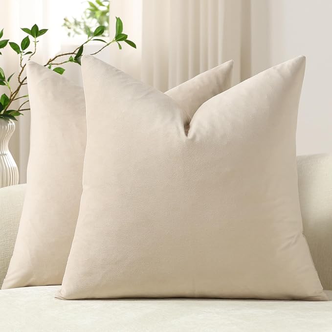 Throw Pillow Covers 22x22 Beige: Pack of 2 Cozy Soft Velvet Square Modern Luxury Decorative Throw Pillow Cases for Sofa Couch Living Room Bed Home Decor
