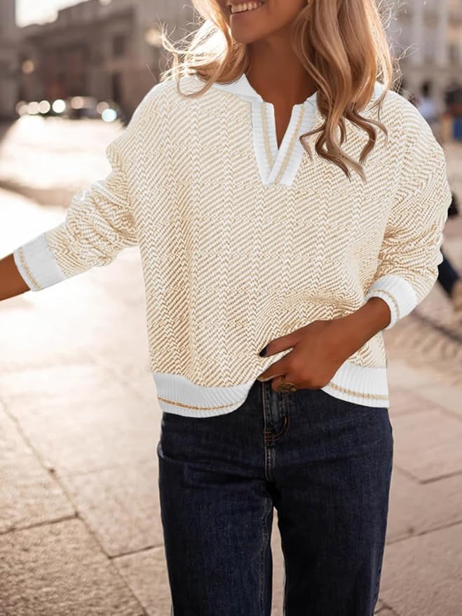 Saodimallsu Womens Fall Sweaters Tops Lapel V Neck Knit Color Block Shirt | Winter,Long Sleeve,Casual,Soft,Pullover,Cozy,Ribbed,Ladies,Chunky,Warm Sweaters,Checkered,Tunic,Work