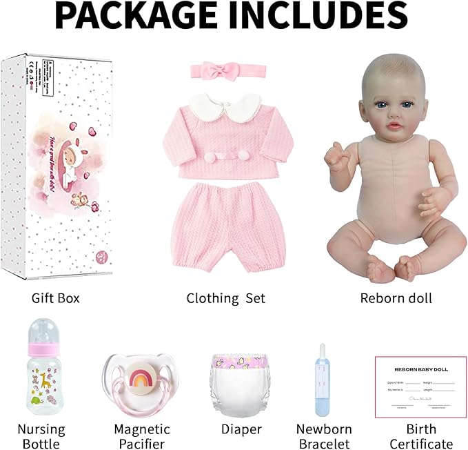 SCOM Reborn Baby Doll Pink Bettie, 18-Inch Lifelike Newborn Girl w/Birth Certificate, Magnetic Pacifier & Bottle, Soft-Touch Vinyl, Pink Outfit – Gift & Collector Doll, Ages 3+
