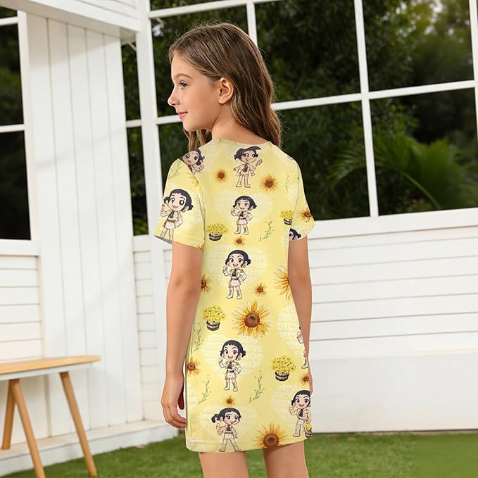 Girl's Anime K-POP Graphic Long Dress T-Shirt - Casual Loose Fit Short Sleeve Top
