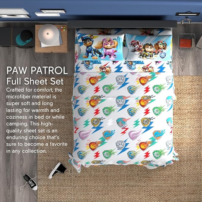 Paw Patrol 2 The Movie Bedding Super Soft Microfiber 4 Piece Full Size Sheet Set, (Official Licensed Product) by Franco