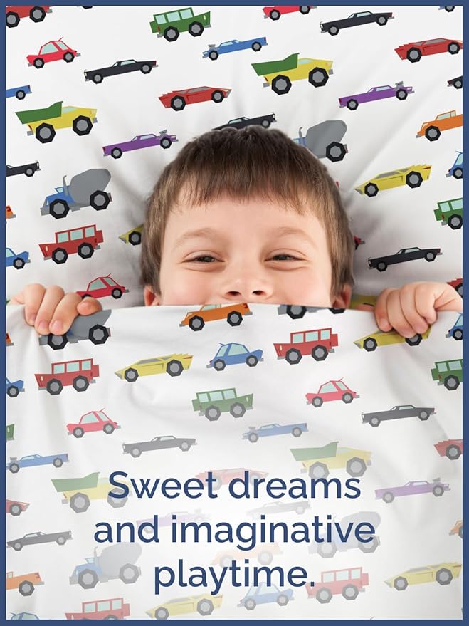Kids Full Size Bed Sheet Set - 4 Piece Kids Loft Bed Sheets - Cars Cartoon Truck Themed Bedding - Soft, Cute - Breathable & Machine Washable - Cute Transport Bed Set for Boys, Girls, Teens & Toddlers