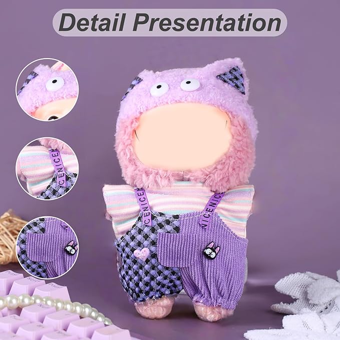 17cm Doll Clothes Set (No Doll) – Outfit with Hat & Overalls, Handmade Accessories for Mini Dolls, OB11-Compatible Dress-Up Gift (Purple Cat)