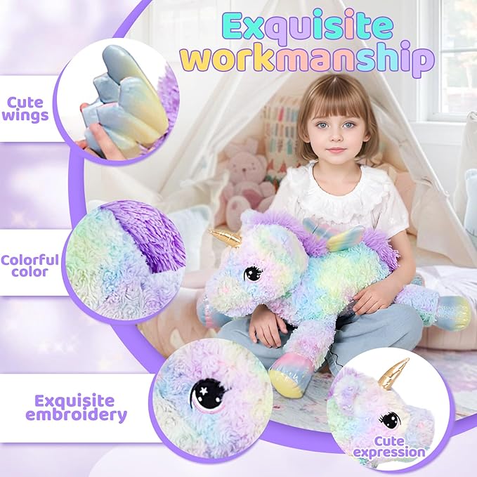 FFxiong 24 Inch Rose Rainbow Colors Unicorn Stuffed Animal Plush Toy with Wings Soft Cute Large Unicorn Plushies Animals Pillow Gift for Children Boy Girl Kids Valentine Birthday Decorations