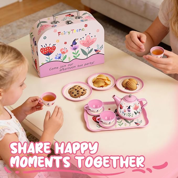 Floral Tea Party Set for Little Girls Ages 3-6, 15-Piece Pretend Play Kitchen Toys with Teapot, Cups, Plates & Storage Case, Princess Gift Set (Pink)