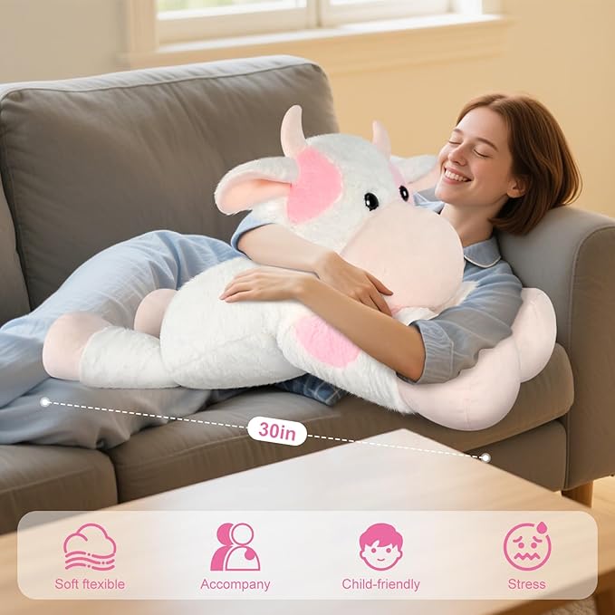 Giant Cow Stuffed Animal 30", Jumbo Strawberry Cow Plush Toys, Giant Stuffed Animal Hugging Pillow for Stress Relief & Sleep Aid, Huge Cuddly Dairy Plushies Gift for Kids Adults