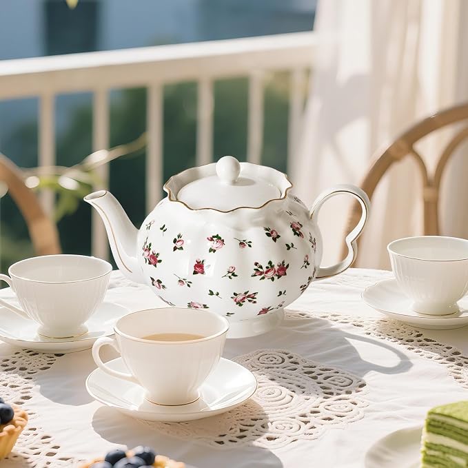 Floral Teapot with Infuser, 33oz, Ceramic Tea Pot with Tea Strainers for Loose Leaf Tea, Rose Teapots for Tea Party, New Bone Porcelain Teapot