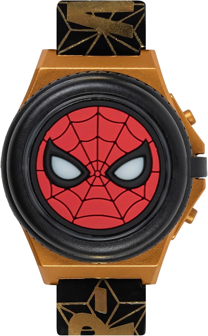 Marvel Spider-Man Kids' LCD Watch – Light-Up Flip Top Design with Glowing Eye Cover, Gold-Tone Accents, and Adjustable Silicone Strap – Durable and Fun for Ages 5+