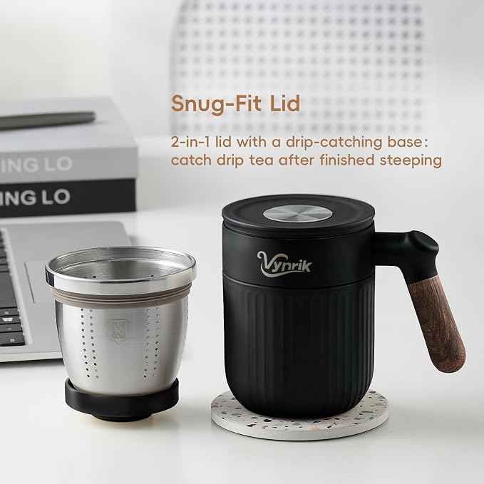 Tea Infuser Cup doubles as Insulated Coffee Mug,Tea Cup with Lid and Handles,Removable Stainless Steel Tea Strainers for Loose Tea (BLACK)
