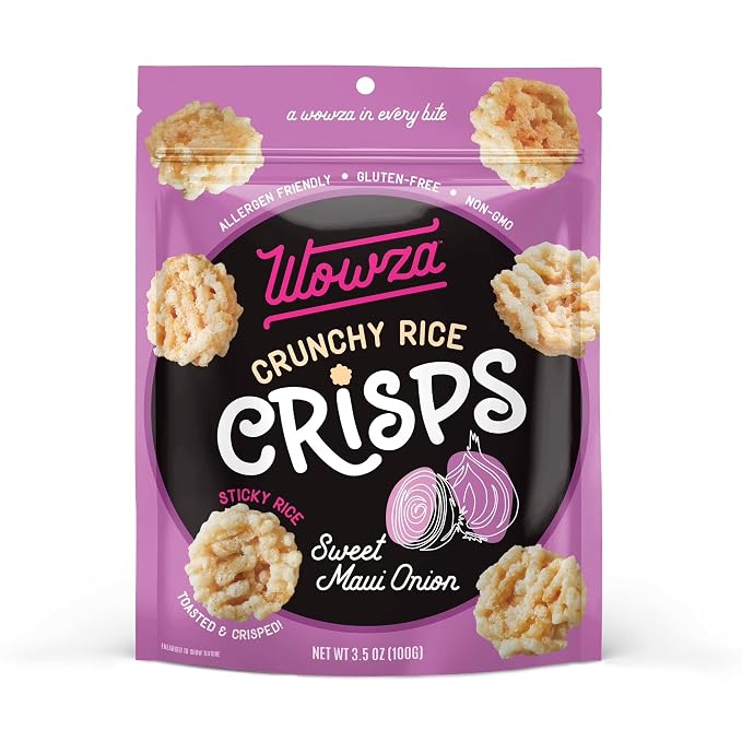 Wowza Sweet Maui Onion Crunchy Rice Crisps | Gluten Free, Non-GMO, 8 Pack | Sweet & savory flavor, Healthy chip alternative, Kid-friendly, 3.5 oz bags, No artificial flavors, Allergen-friendly, Umami