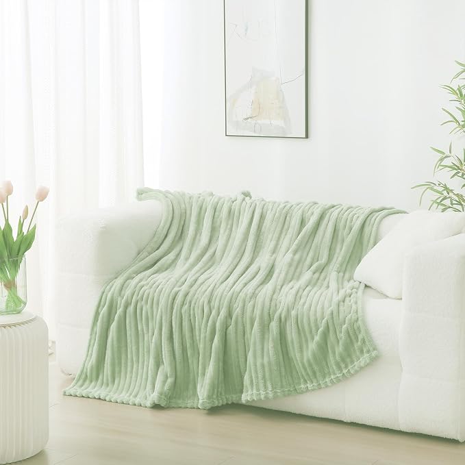 Cream Green Fleece Throw Blanket 60”×80” for Couch Sofa Livingroom | Super Soft Cozy Plush Microfiber Flannel Bed Blanket Striped Design Lightweight Home Decor Gifts for Adults Mom Women