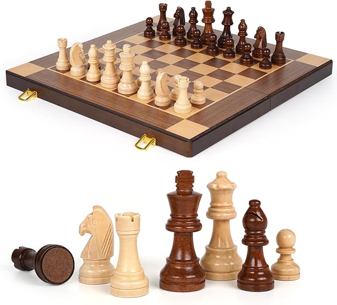 15-Inch Magnetic Wooden Chess Set – Foldable Wooden Chess Board with Magnetic Pieces, Portable Travel Chess Sets for Adults, Classic Board Game with Secure Storage Box