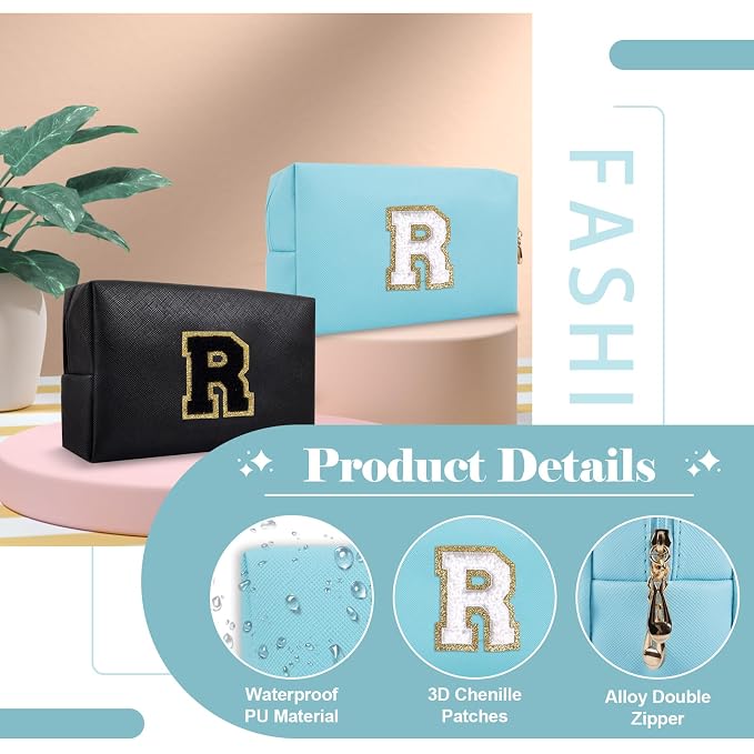 Small Personalized Initial A-Z Preppy Patch Makeup Bag,PU Chenille Letter Travel Cosmetic Pouch with Zipper,Blue Cute Toiletry Bag,Gift Ideal for Teen Girls Women Teacher Bridesmaid,Letter R