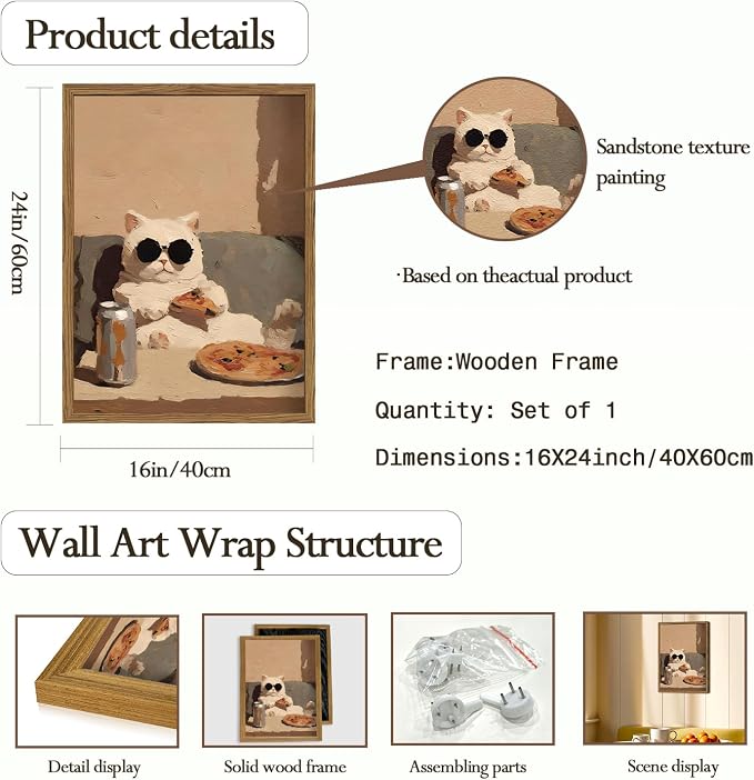 Funny Kitchen Cat Wall Art, Whimsical Animal Wall Decor Painting 3D Textured Sandstone Poster Picture Print Cute Cat Artwork for Bedroom Dining Room Nursery 16x24 inch Wood Framed