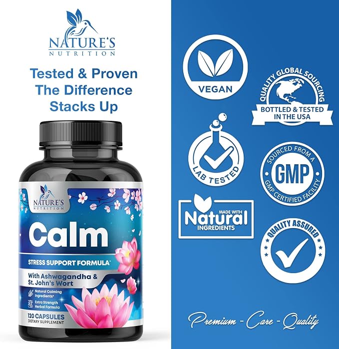 Stress Support Supplement - Extra Strength Ashwagandha, GABA, Magnesium, L-Theanine for Relief - Supports Mood & Focus - Naturally Calm, Unwind & Relax - Eases Tension & Nervousness - 120 Capsules